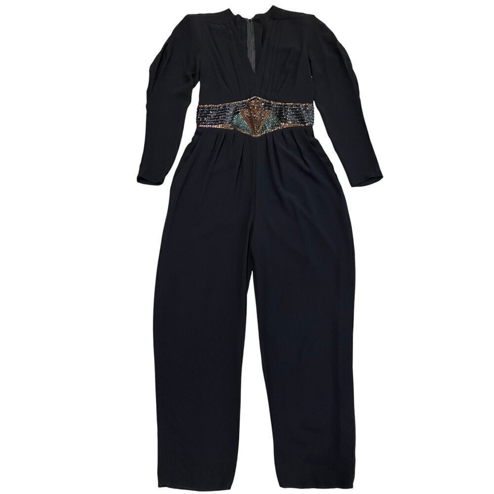 Vintage Black Sequin Waist Jumpsuit | Sheer Sleeve, V-Neck, Pockets, Formal Glam